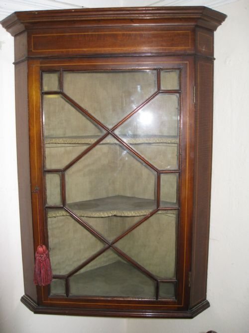 victorian inlaid mahogany corner cupboard