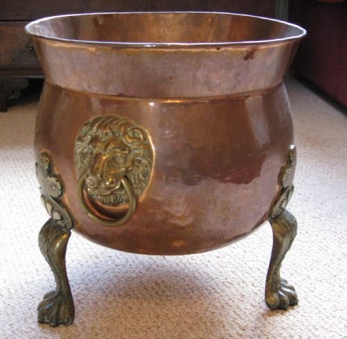 large copper and brass jardiniere log bucket