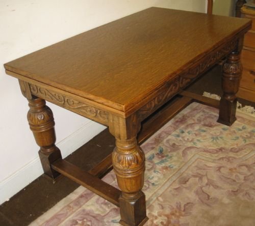 carved oak draw leaf refectory dining table chairs