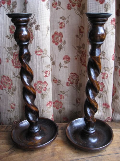 pair of oak barley twist candlesticks