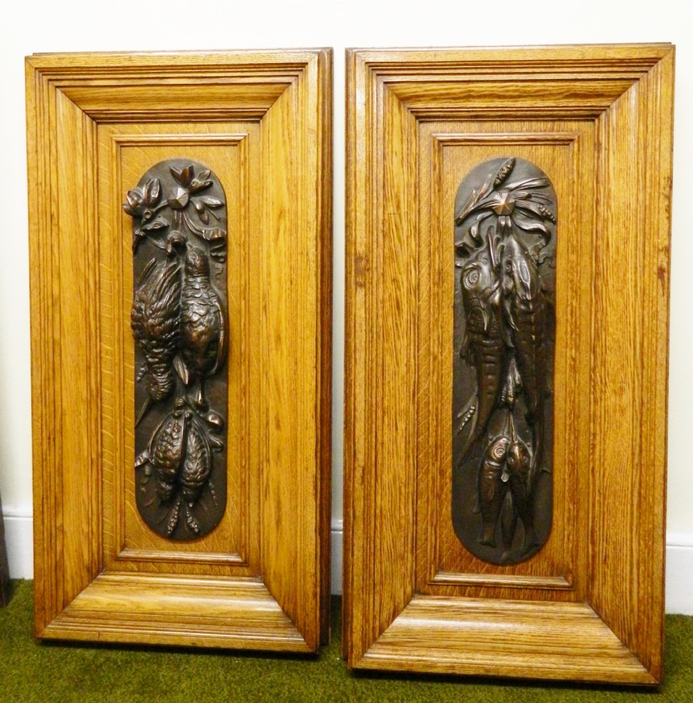 pair of large bronze wall plaques hunting fishing theme