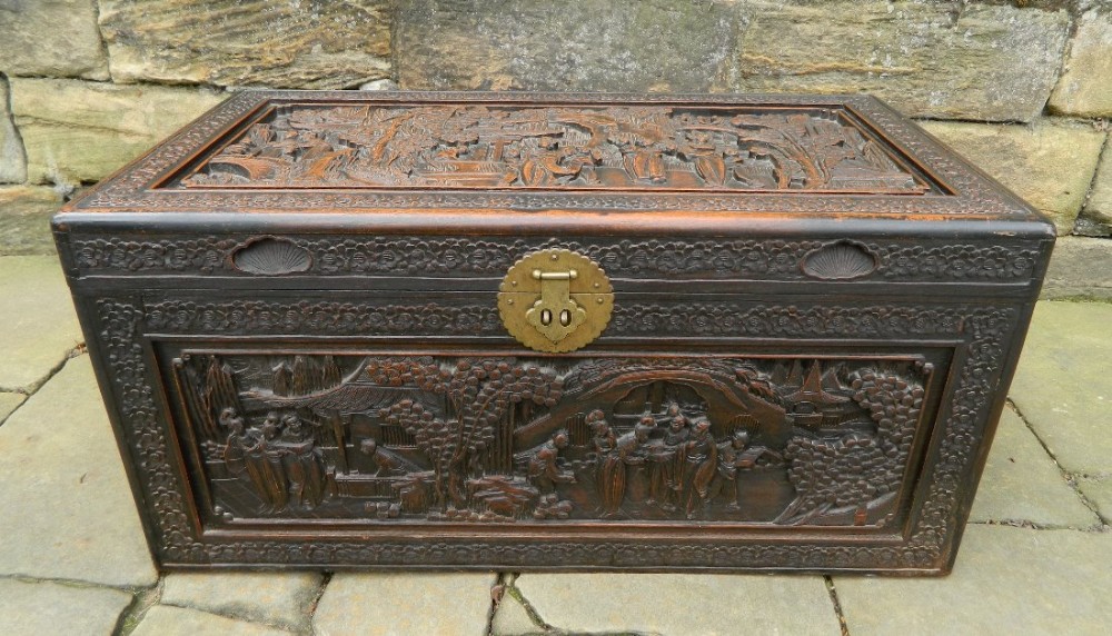 oriental carved camphor wood trunk